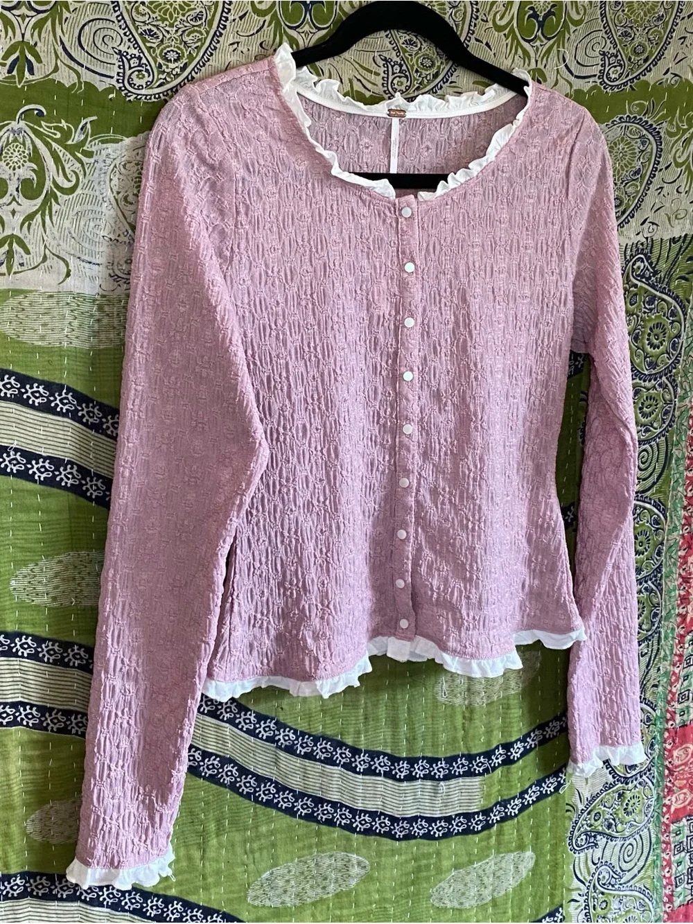NWT Free People Mauve Blackbird Cardi Textured Ruffle-Trim Top Medium Balletcore - Picture 6 of 15